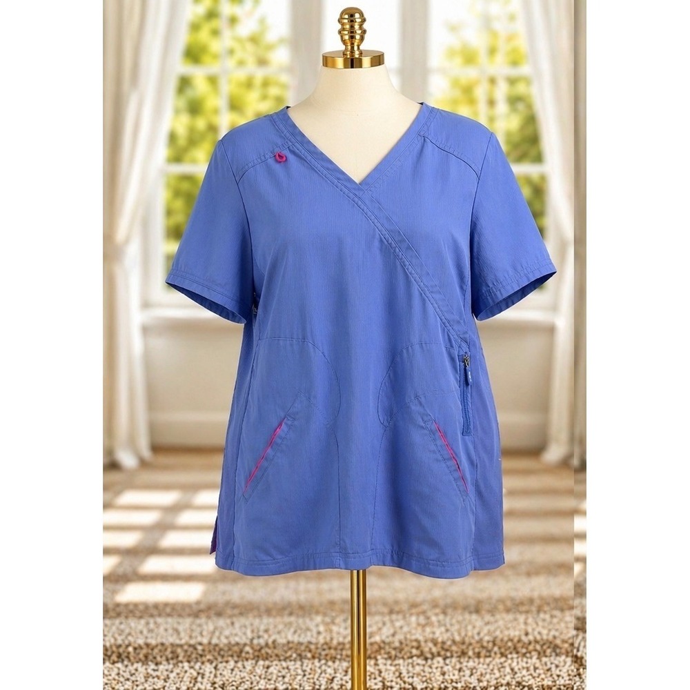 Koi Lite Scrub Top Womens Size 2X Blue Serenity Mock Wrap Slim Fit